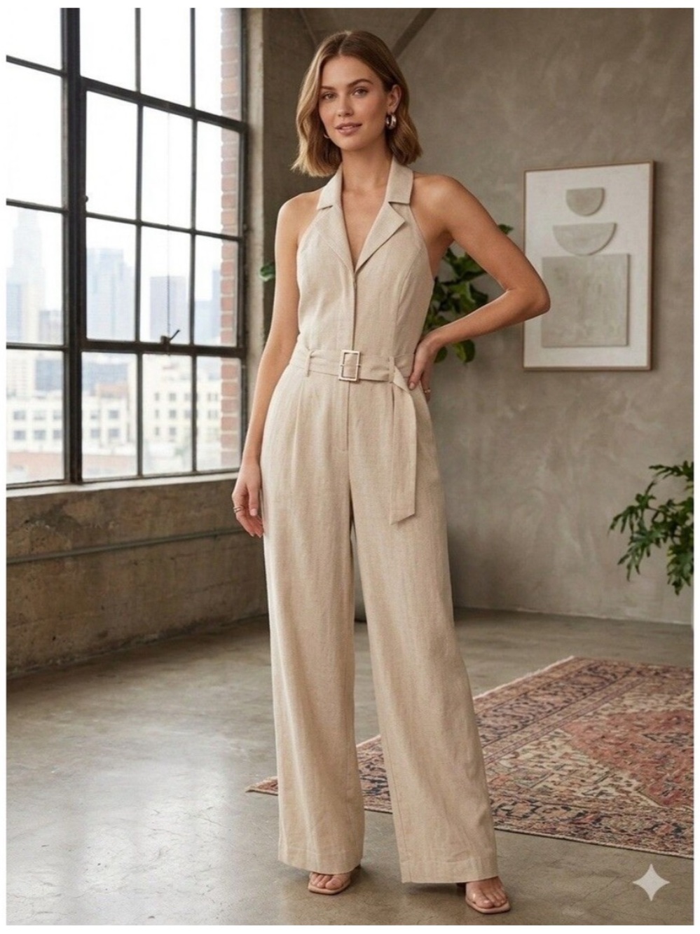Zara Neutral Beige Halter Wide-Leg Linen-Blend Jumpsuit